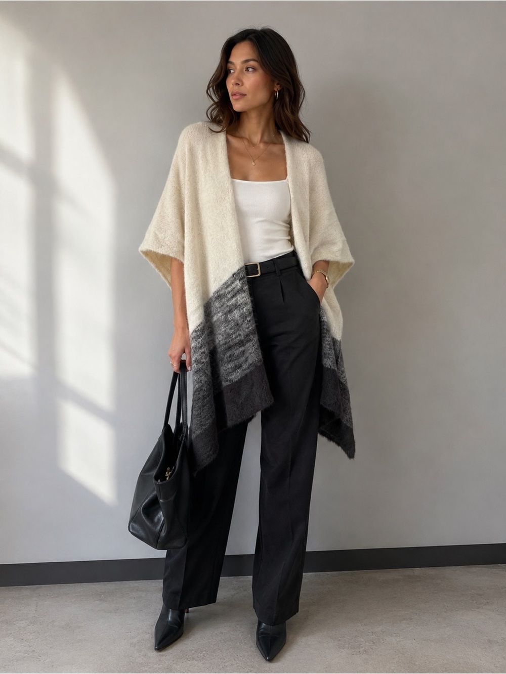 Cozy Two-Tone Ivory and Gray Open Front Women's Sweater